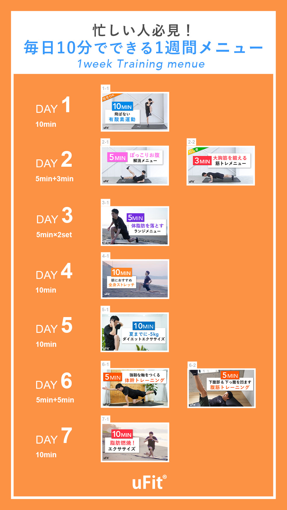 【1週間スケジュール】忙しい人必見!毎日10分でできる1週間メニュー